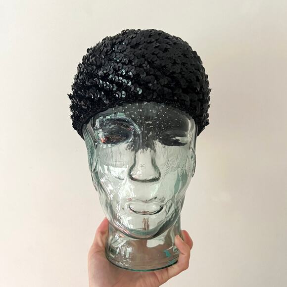 Vintage Black Sequin Threaded Elastic Cap - Picture 6 of 8